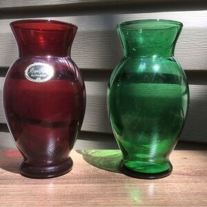VTG Anchorglass “Royal Ruby” & “Emerald Green” Glass Vases, Pre 1960 6.5” T